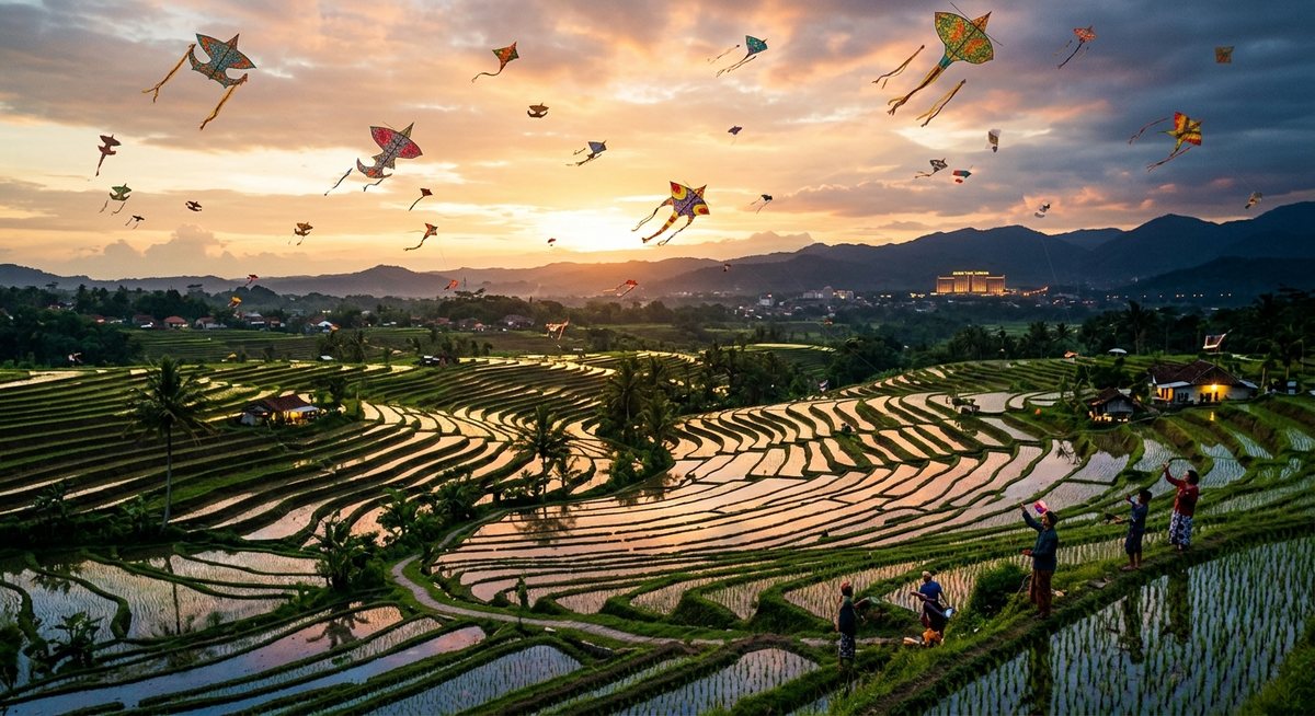 Layangan kertas warna-warni terbang di langit senja di atas sawah Jawa dengan cahaya keemasan dan lampu festival samar di kejauhan
