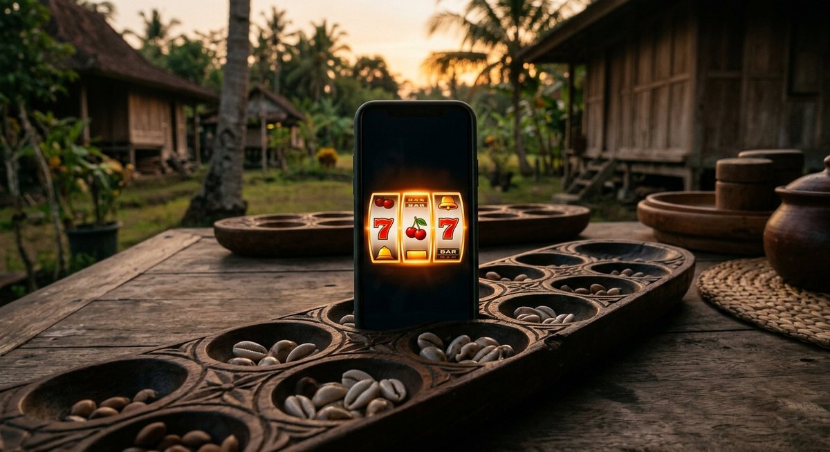 Ponsel menampilkan gulungan permainan dengan simbol ceri dan tujuh dipegang di atas papan congklak kayu di meja kampung dengan cahaya emas