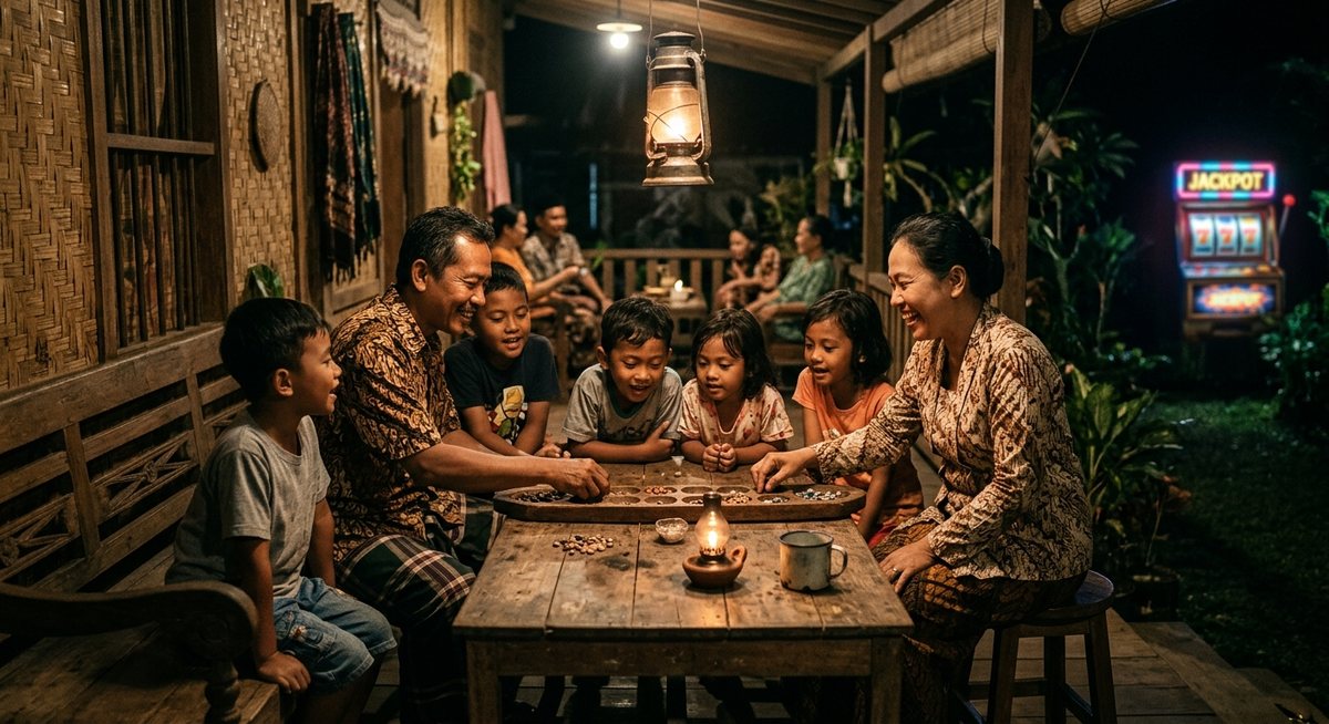Warga kampung berkumpul di malam hari memainkan permainan papan biji di meja kayu dengan cahaya lampu minyak yang hangat