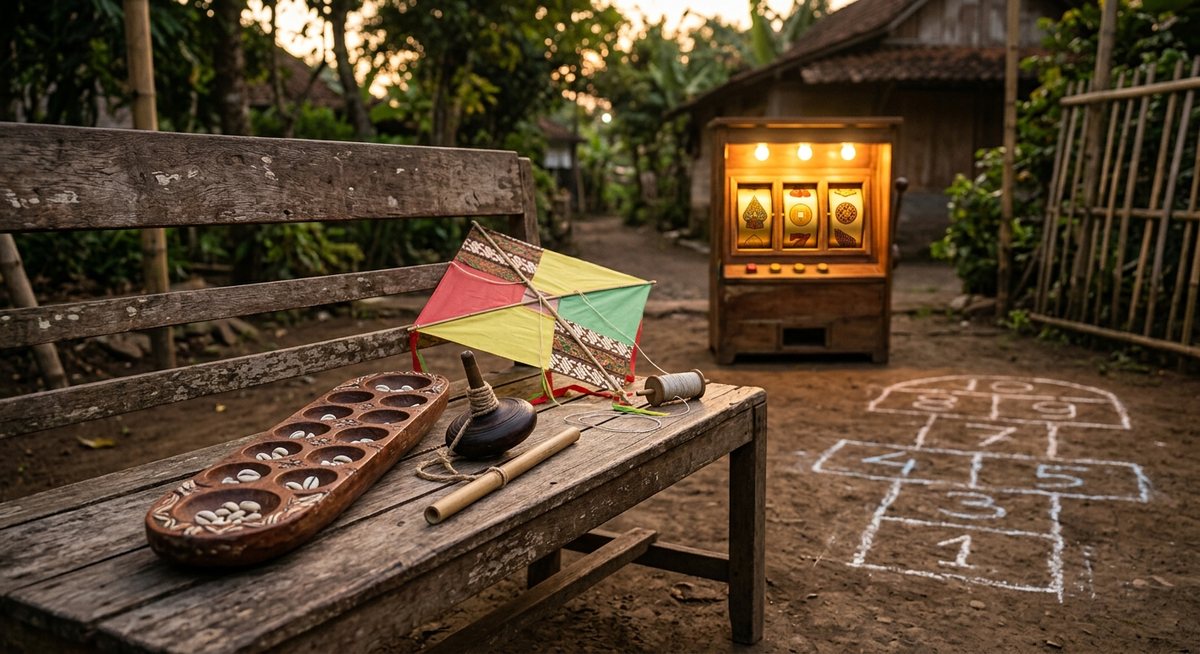 Papan congklak, gasing kayu, layangan kertas, dan gambar engklek kapur di tanah halaman kampung Jawa dengan lampu emas hangat